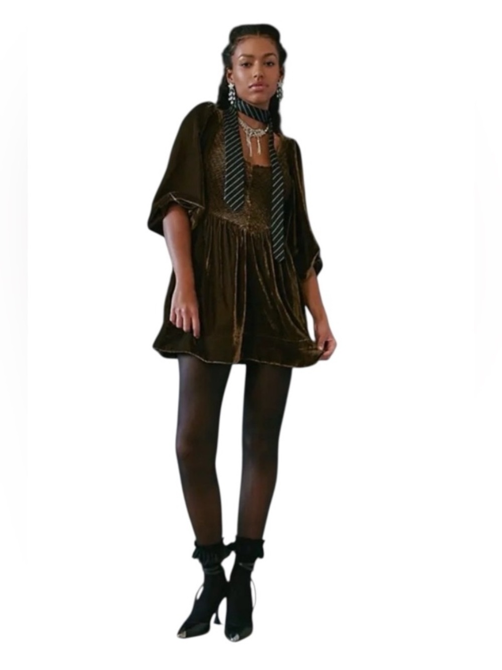 2796. FREE PEOPLE Farrier Velvet Mini Dress in Brown Bear  NWOT $128
